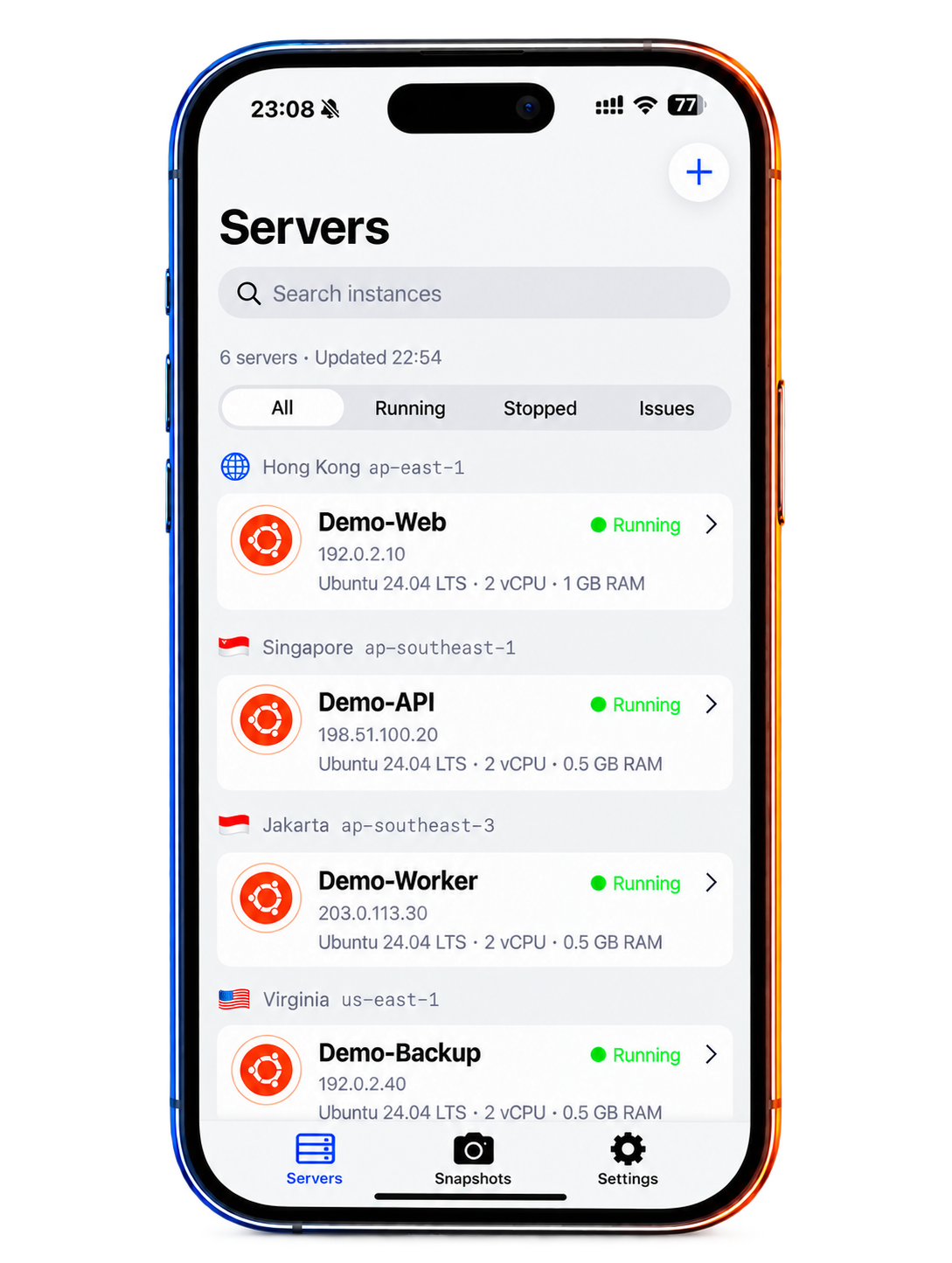 Opskiff running on an iPhone, showing AWS Lightsail servers grouped by region and status.